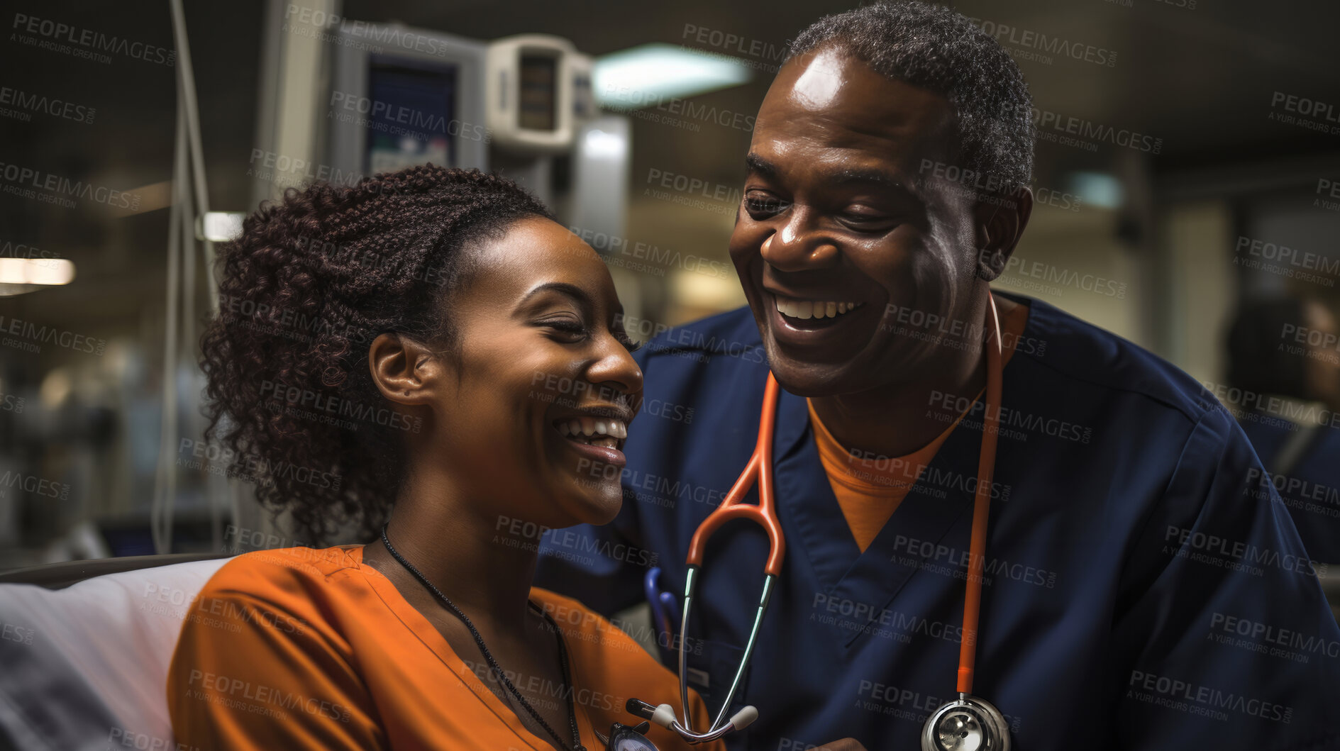 Buy stock photo Happy doctor at the bedside of smiling patient. Medical concept.