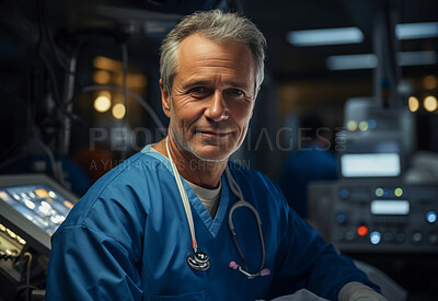 Buy stock photo Happy surgeon smiling at camera in surgery. Medical concept.