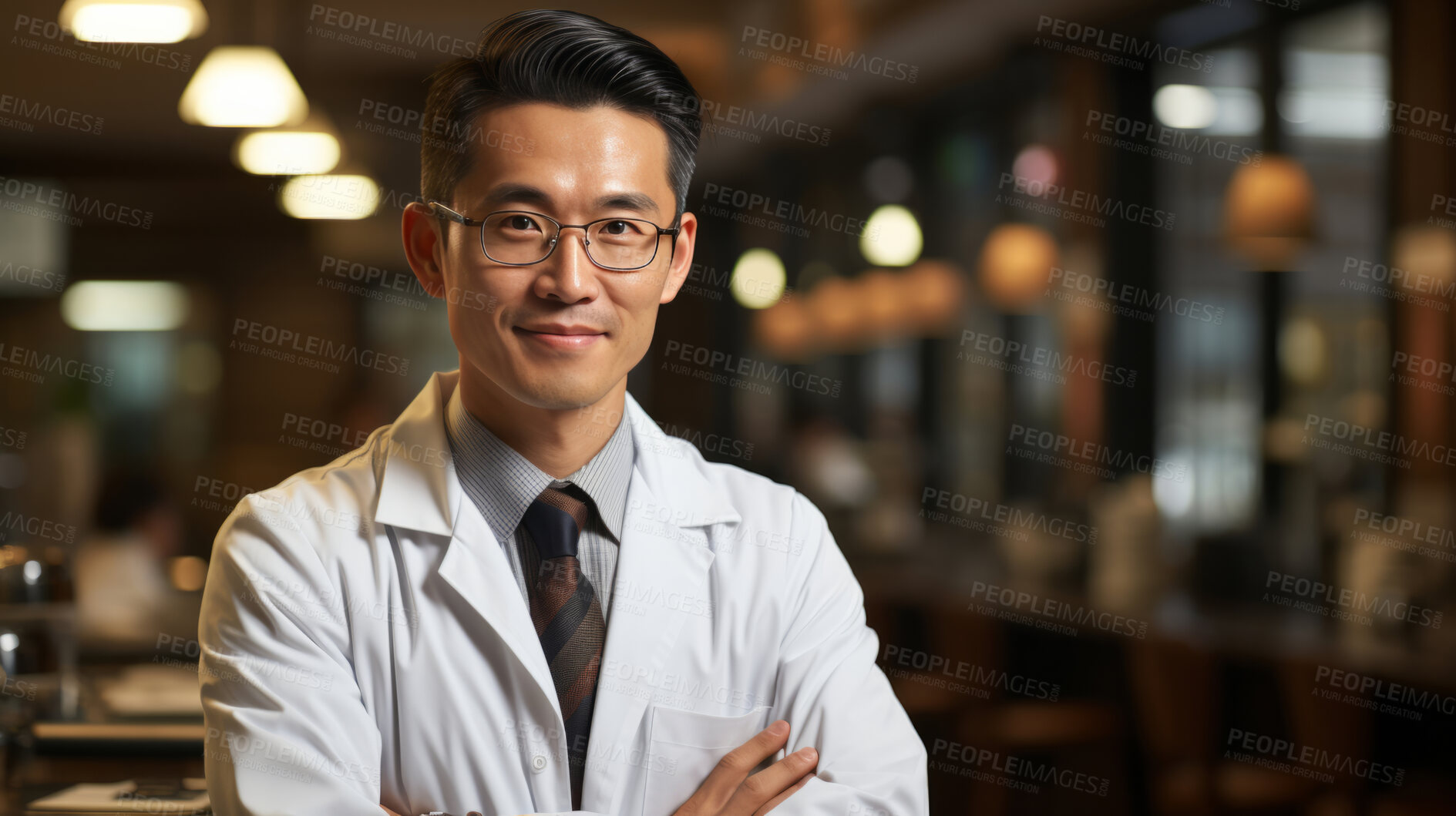 Buy stock photo Doctor posing, arms folded in hospital cafeteria. Medical concept.