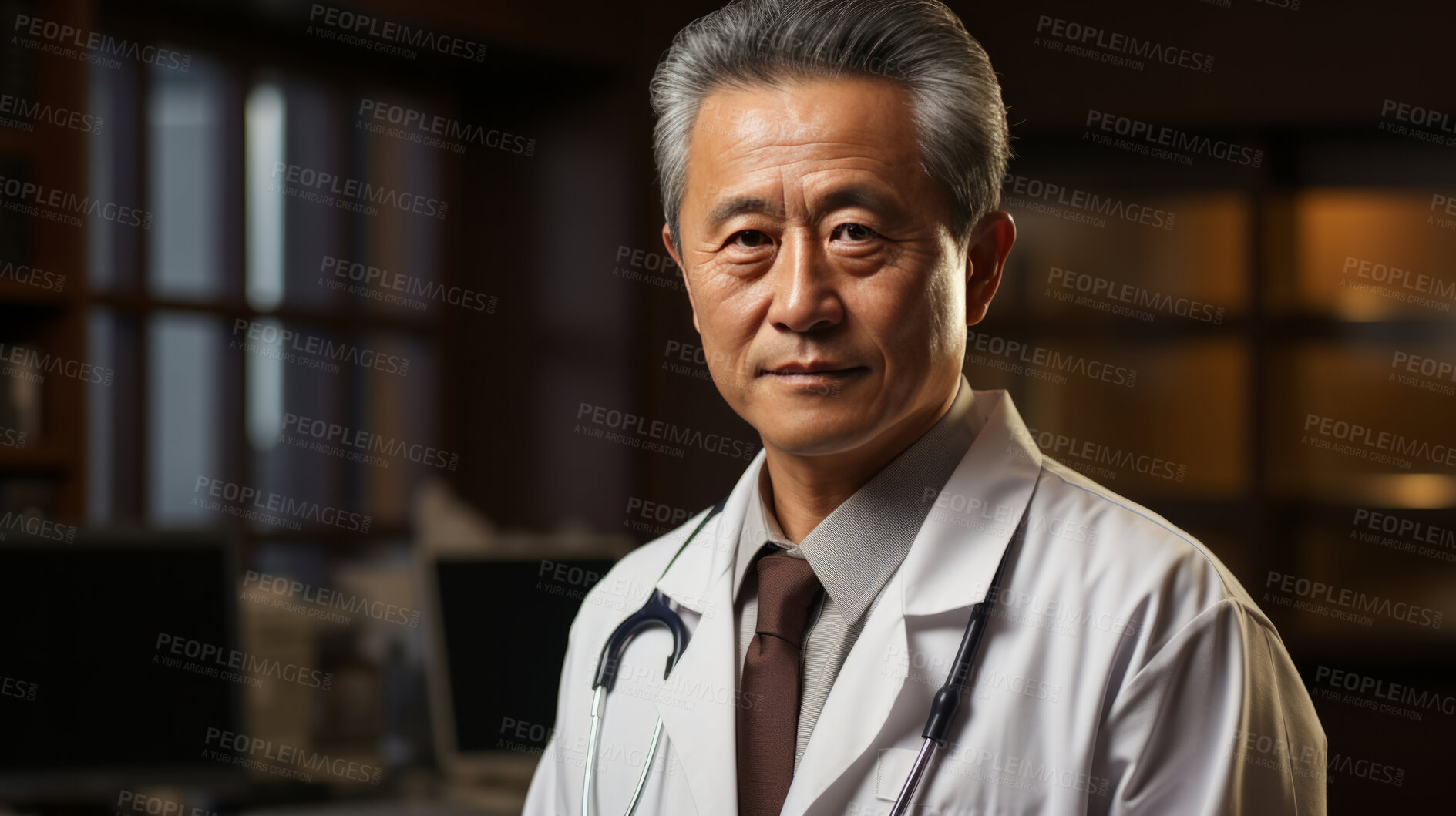 Buy stock photo Doctor posing in dark hospital office. Medical concept.