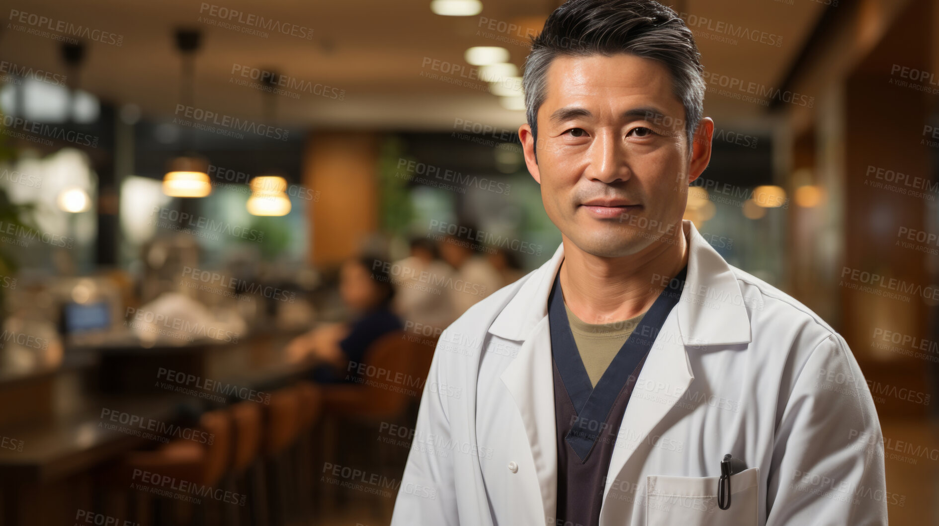 Buy stock photo Doctor posing, arms folded in hospital cafeteria. Medical concept.