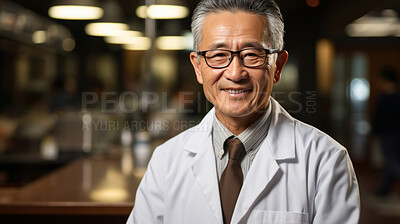 Buy stock photo Doctor posing, arms folded in hospital cafeteria. Medical concept.