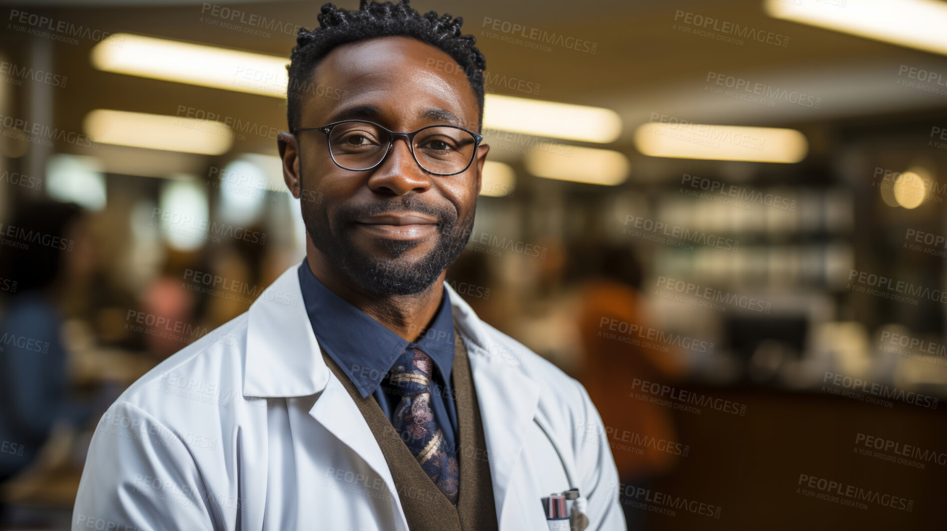 Buy stock photo Doctor posing, arms folded in hospital reception. Medical concept.