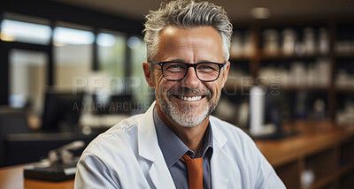 Buy stock photo Doctor posing, arms folded in hospital reception. Medical concept.