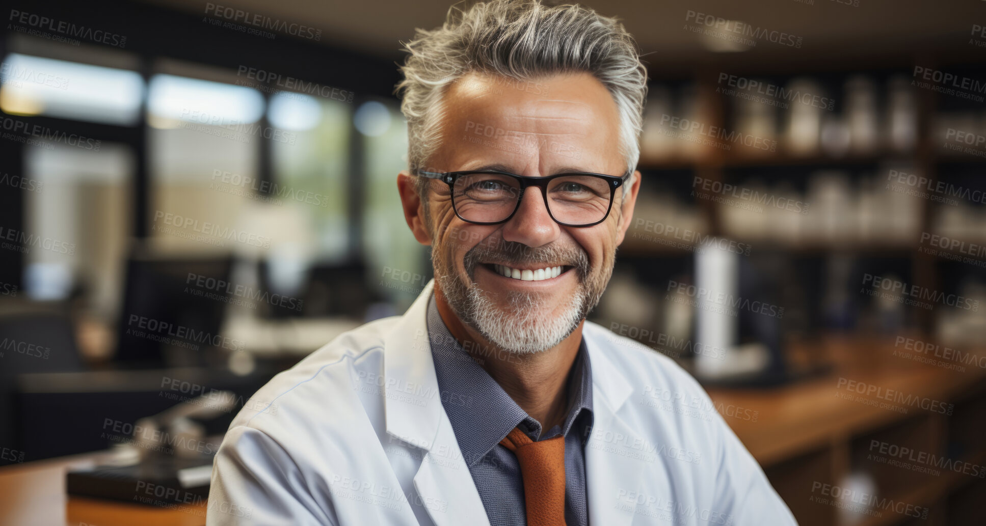 Buy stock photo Doctor posing, arms folded in hospital reception. Medical concept.