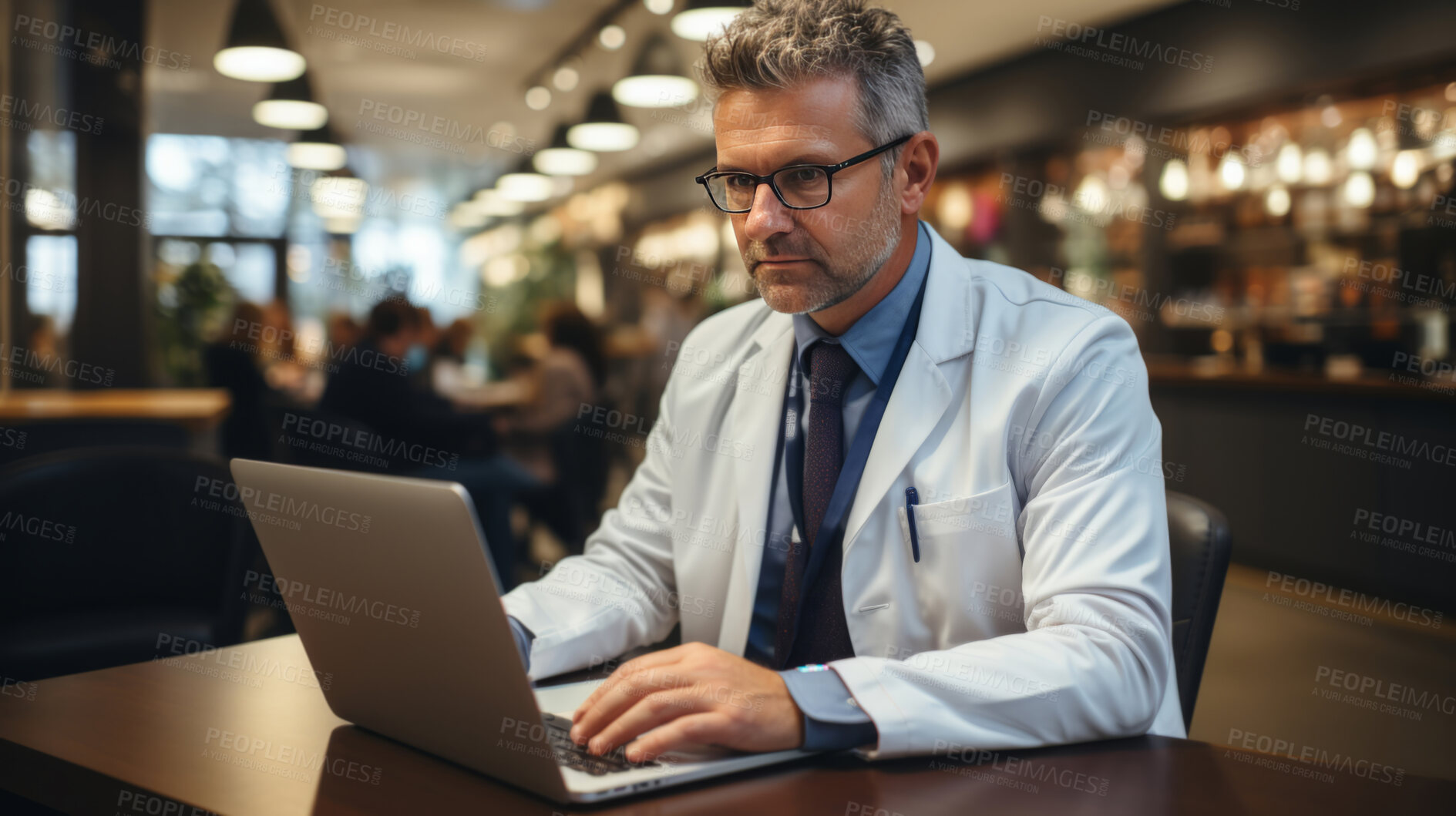 Buy stock photo Candid shot of doctor working on laptop in hospital cafeteria. Medical concept.