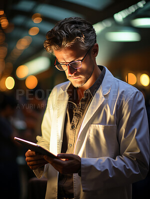 Buy stock photo Candid shot of doctor working on ipad in dark room.