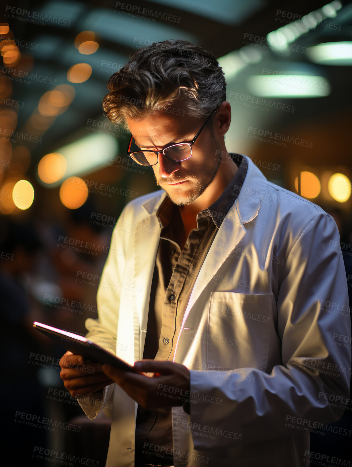 Buy stock photo Candid shot of doctor working on ipad in dark room.