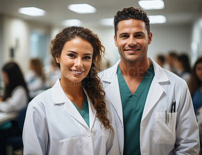Buy stock photo Portraits of doctors posing in hospital reception. Medical concept.