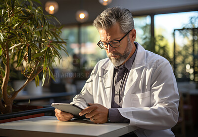 Buy stock photo Candid shot of doctor working on laptop in hospital cafeteria. Medical concept.