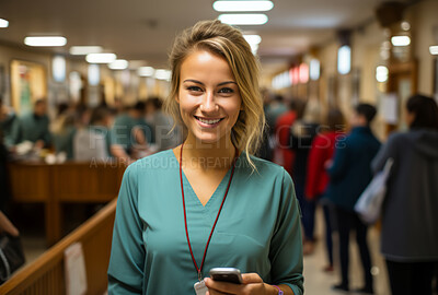 Buy stock photo Happy young nurse posing in hospital reception. Phone in hand. Medical concept.