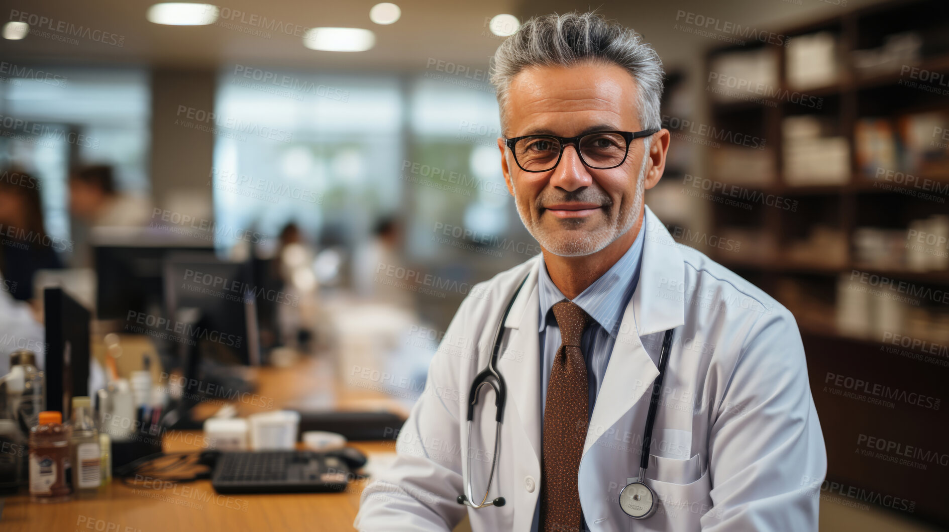 Buy stock photo Happy doctor posing in hospital library. Medical concept.