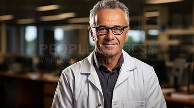 Buy stock photo Happy doctor posing in hospital lab. Medical concept.