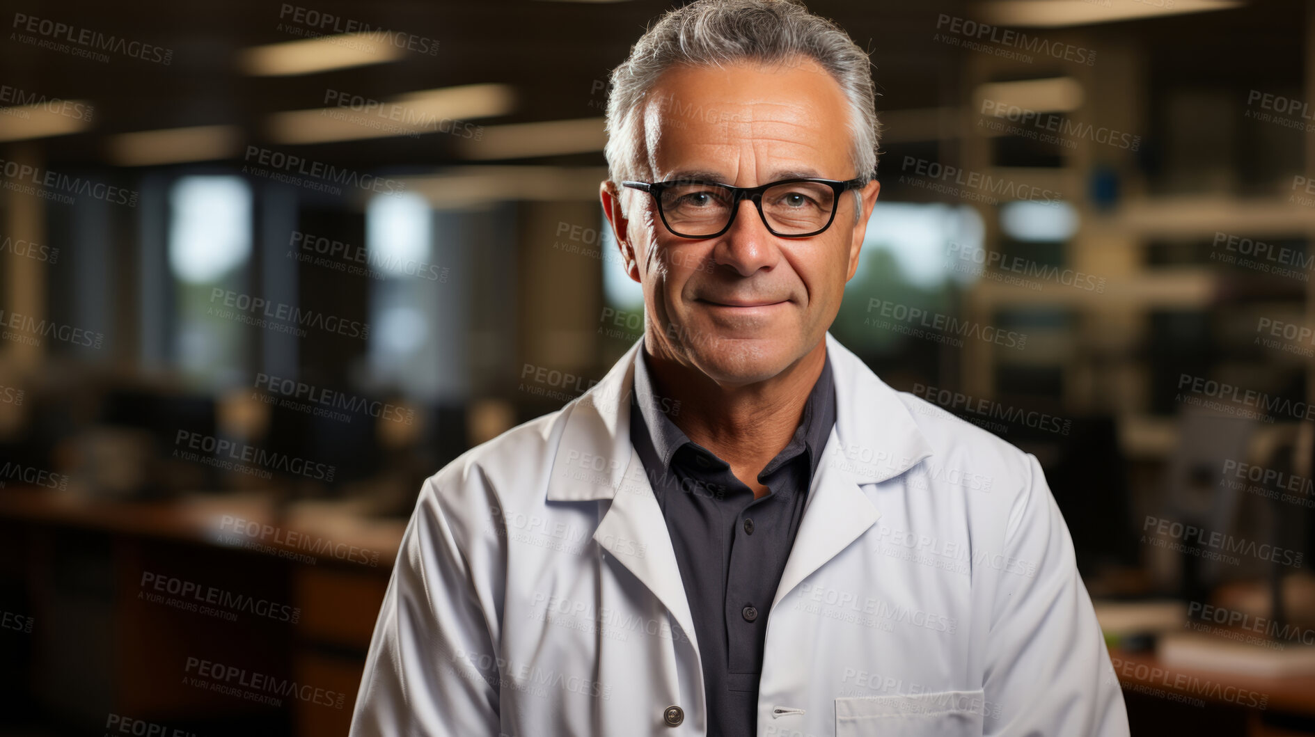 Buy stock photo Happy doctor posing in hospital lab. Medical concept.