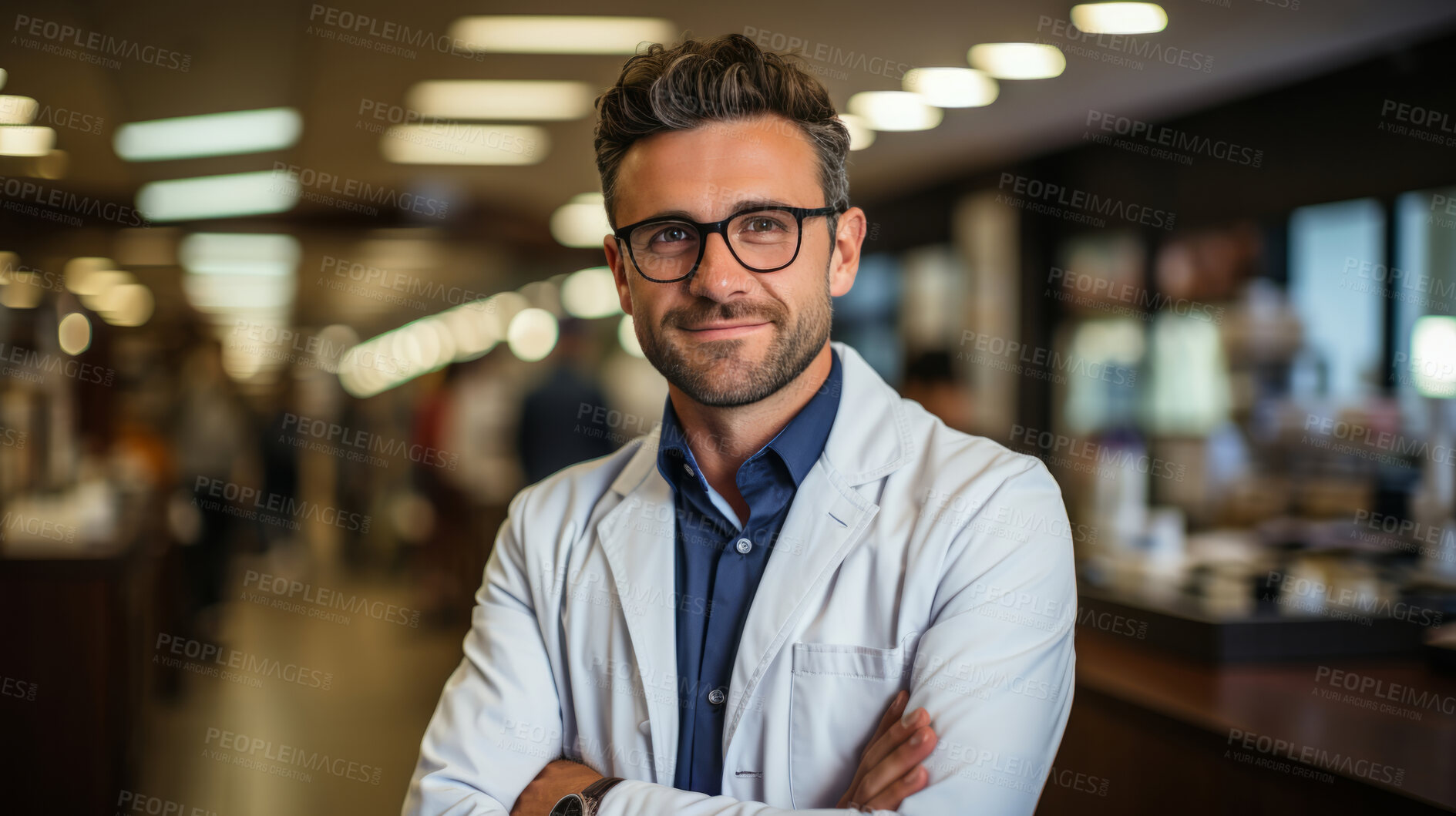 Buy stock photo Happy doctor posing in hospital lab. Medical concept.