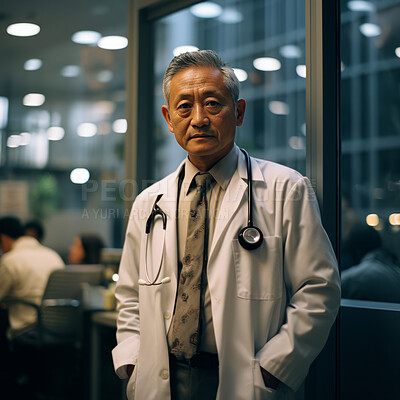 Senior doctor posing in hospital next to large window. Medical concept.