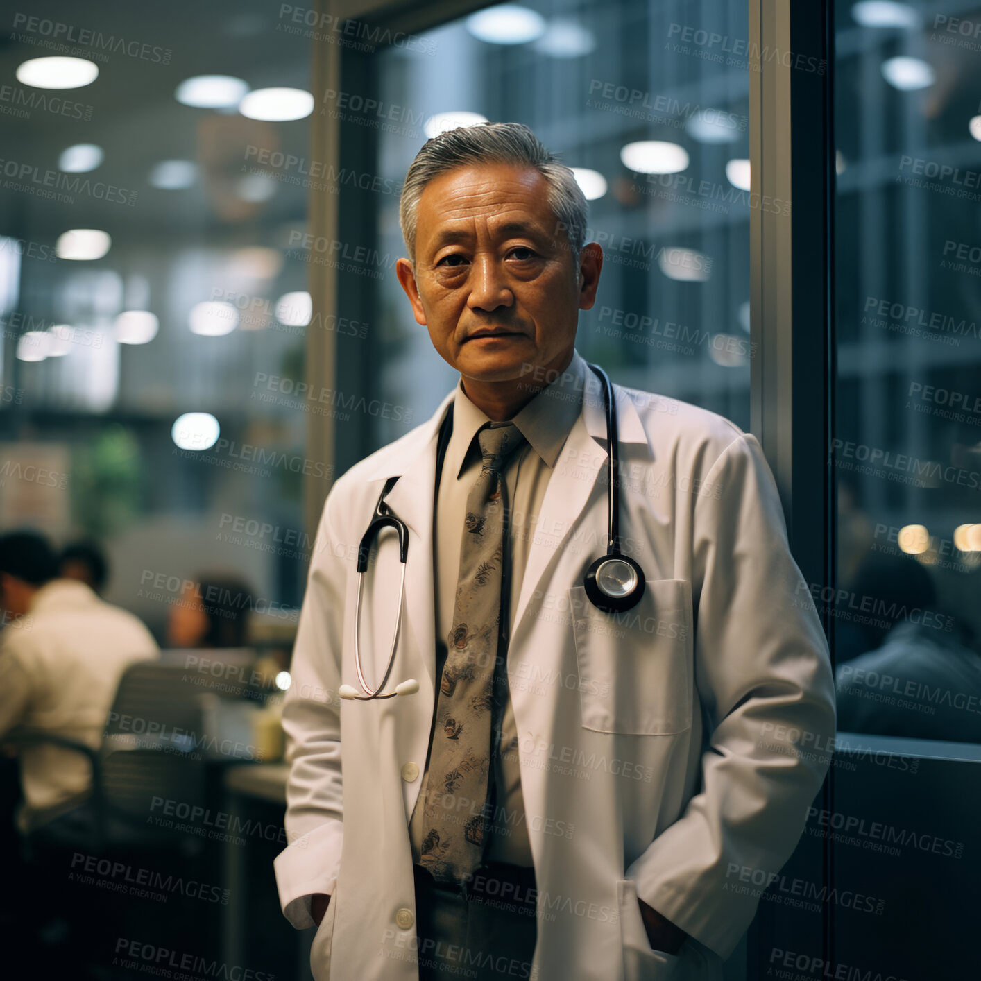 Buy stock photo Senior doctor posing in hospital next to large window. Medical concept.