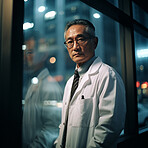 Senior doctor posing in hospital next to large window. Medical concept.