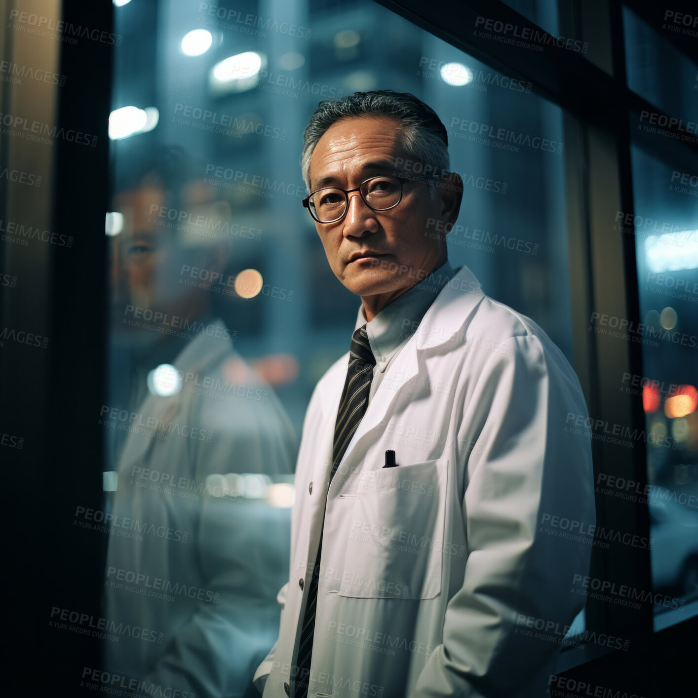 Buy stock photo Senior doctor posing in hospital next to large window. Medical concept.