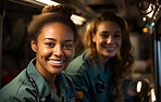 Group of paramedic staff posing for photo in ambulance. Group portrait. Medical staff concept.