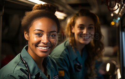 Buy stock photo Group of paramedic staff posing for photo in ambulance. Group portrait. Medical staff concept.