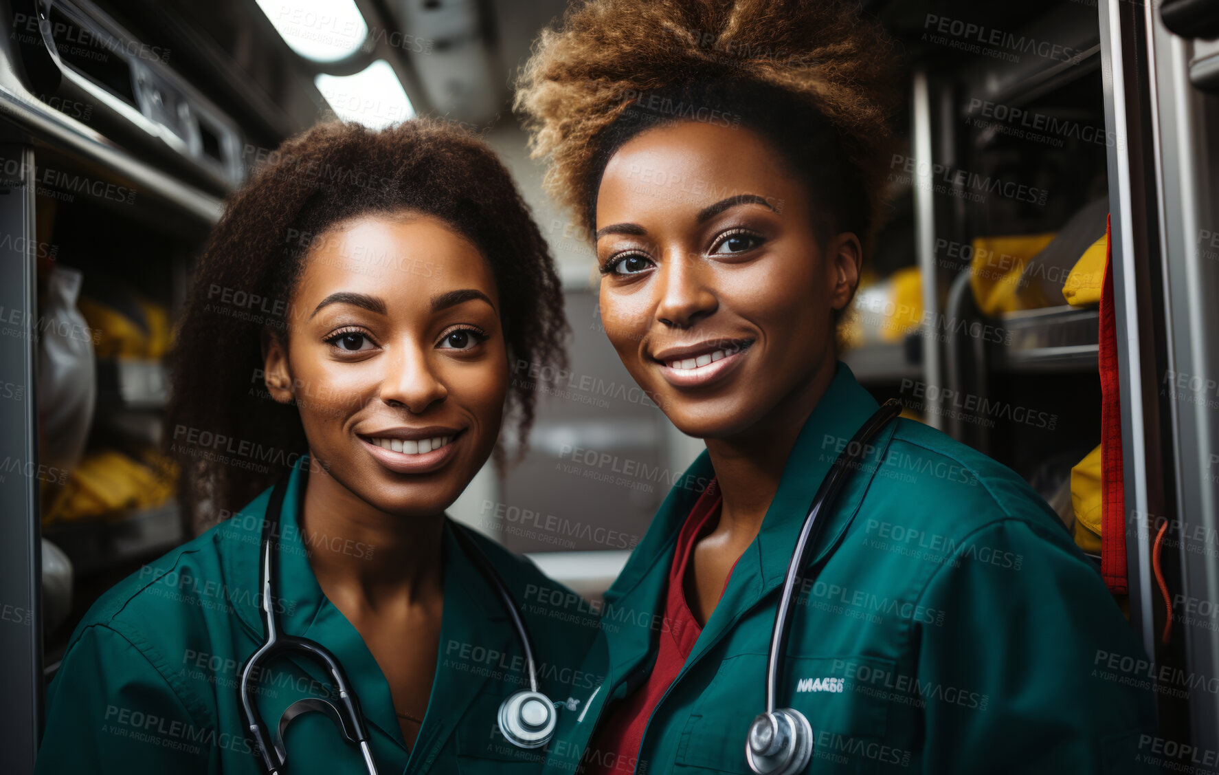 Buy stock photo Group of paramedic staff posing for photo in ambulance. Group portrait. Medical staff concept.