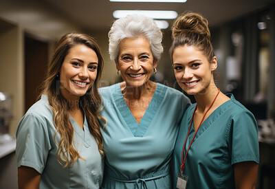 Buy stock photo Young nurses posing with senior patient. Senior care. Medical concept.