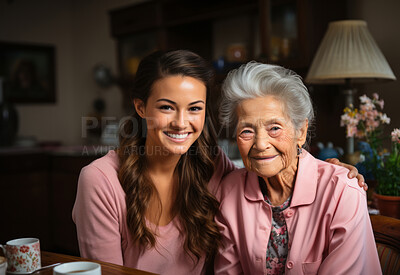 Buy stock photo Home based nurse posing with senior patient. Medical staff concept.
