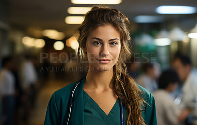 Attractive young nurse posing in hospital reception. Medical concept.