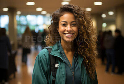 Buy stock photo Happy young nurse posing in hospital reception. Medical concept.