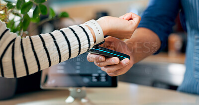 Smart watch, machine or hands of customer in cafe with cashier for shopping, sale or checkout. Payment technology, bills or closeup of person paying for service, coffee or tea in restaurant or diner