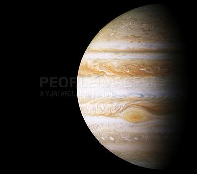 Buy stock photo Jupiter, planet and universe for solar system, nebula or science with mock up space on black background. Galaxy, sky and innovation with research, milky way or astrology for exploration and discovery