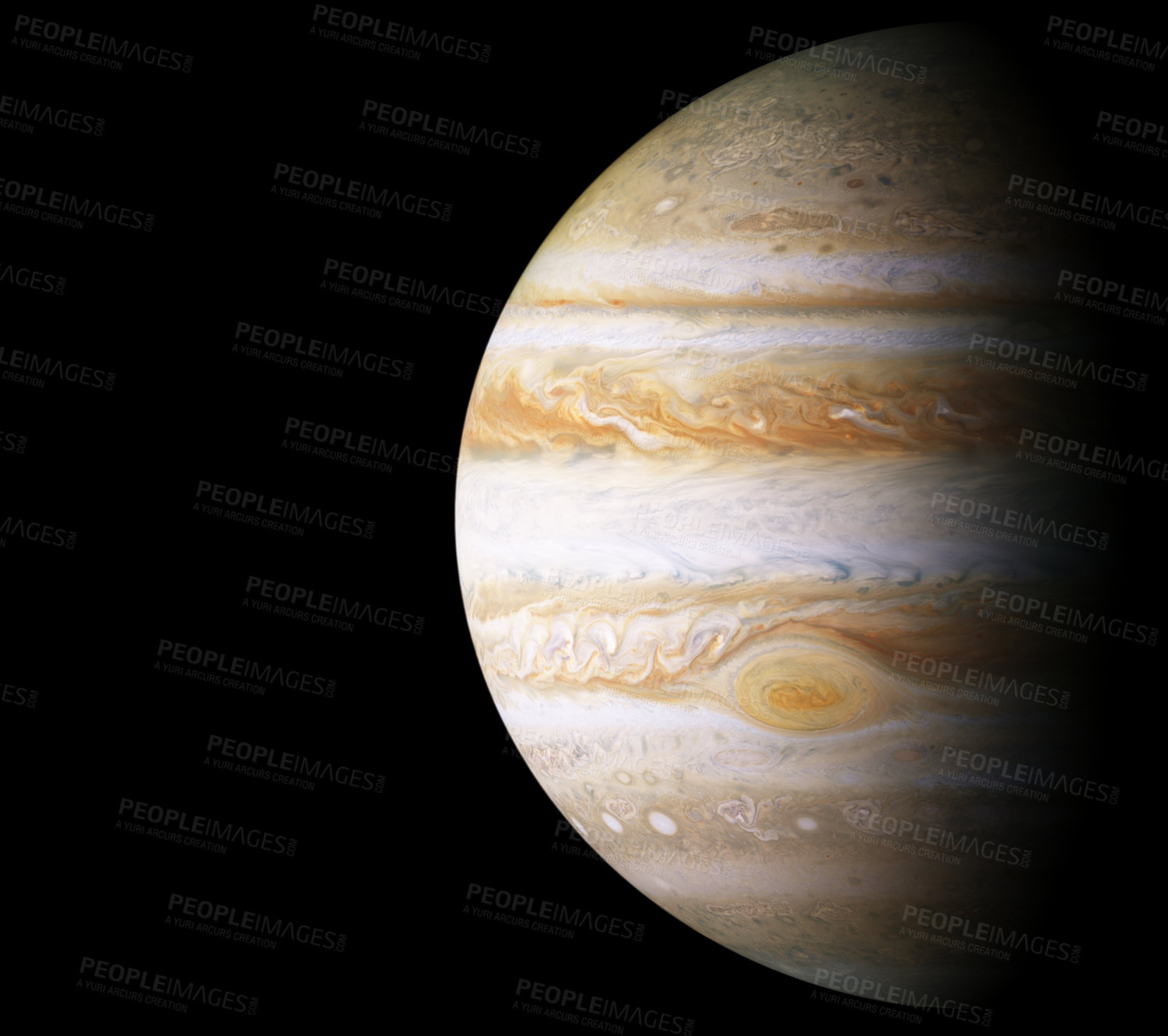 Buy stock photo Jupiter, planet and universe for solar system, nebula or science with mock up space on black background. Galaxy, sky and innovation with research, milky way or astrology for exploration and discovery