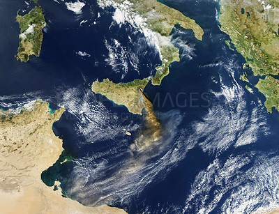Buy stock photo Planet, earth and ocean with land for weather forecast, wind or waves in natural coastline or shore above. Top view of global economic environment, satellite or atmosphere of cloud cover or water