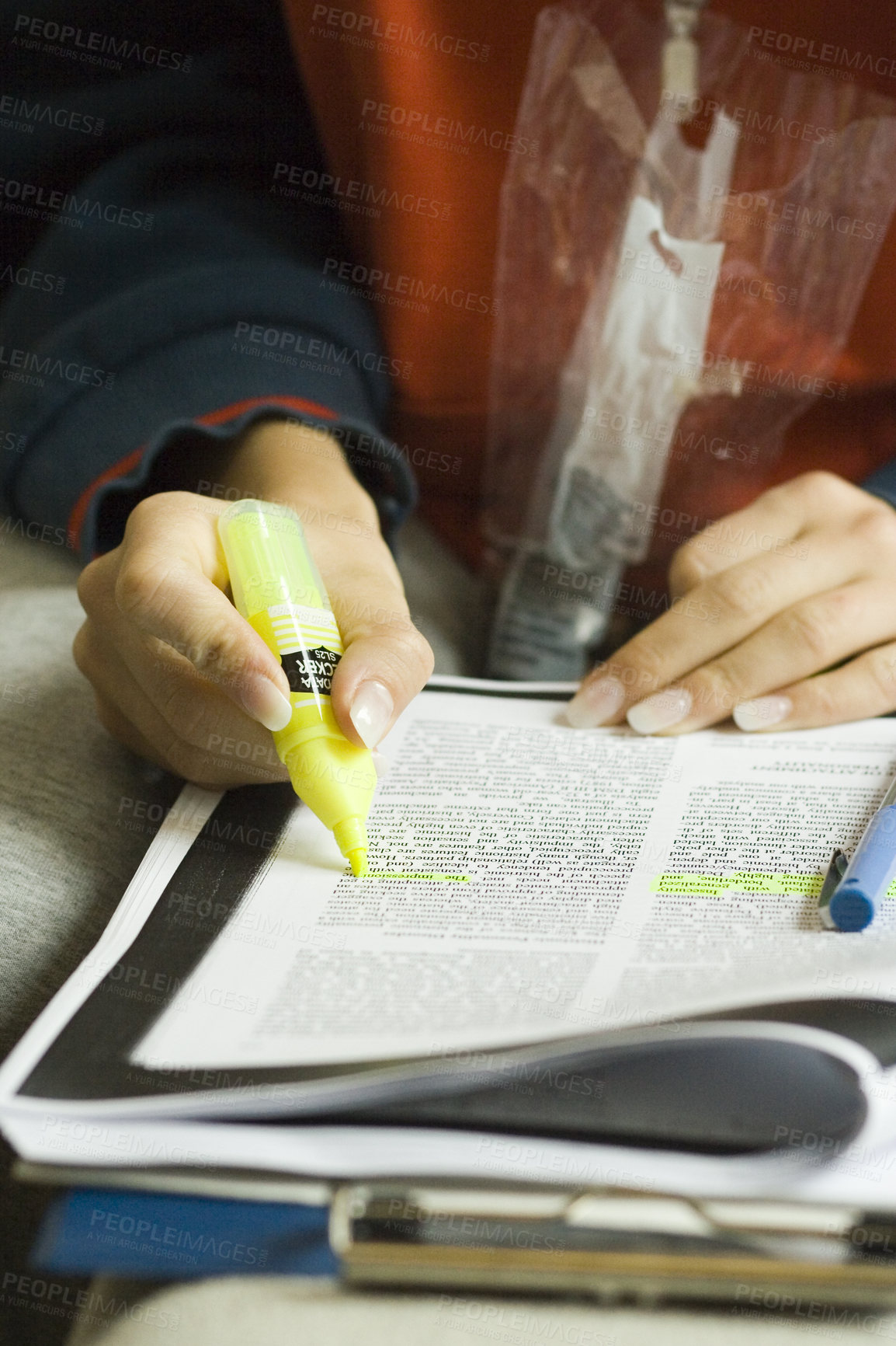 Buy stock photo Hand, study highlight and student with a textbook closeup in a home for education, learning or growth. Paper, writing and school with a person reading information at a desk for university scholarship