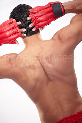 Buy stock photo Sports, back or mma person stretching for muay thai contest, martial arts competition or kickboxing fight challenge. Muscle, studio and boxer training, fitness or boxing warm up on white background