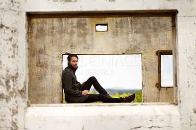 Buy stock photo Man, frame and travel by ruin house, relax and chilling by remains of building, smile and portrait. Happy male person, historic site and vacation for culture, history and tourism in Machu Picchu