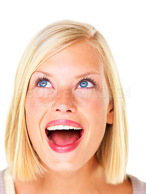 Buy stock photo Woman, face and wow with smile for surprise, announcement and notification in studio on white background. Person, lady and shocked for winner, discount or fashion deal with success and achievement 