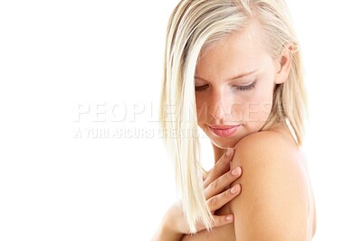 Buy stock photo Woman, studio and shoulder tattoo for beauty, aesthetic or personal style by white background. Gen z girl, ink art and isolated with pride, body or wellness for model with cosmetics, culture and calm