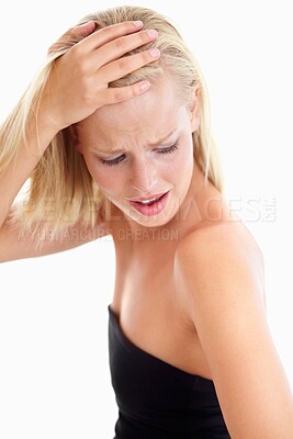Buy stock photo Tattoo, regret and woman in studio for mistake, bad and negative on a white background space. Girl, ink and disappointed model worried, oops and ashamed of body art, symbol and fail while isolated