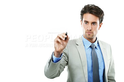 Buy stock photo Concept studio shot of a young businessman signing his name