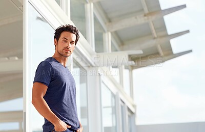 Buy stock photo Portrait of a handsome man standing outside his house