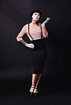 Woman, costume and mime character on black background, mockup and space in studio. Actor, fashion and vintage clothing for thinking model on dark backdrop in silent, quiet and acting performance