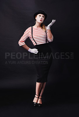 Buy stock photo Woman, costume and mime character on black background, mockup and space in studio. Actor, fashion and vintage clothing for thinking model on dark backdrop in silent, quiet and acting performance