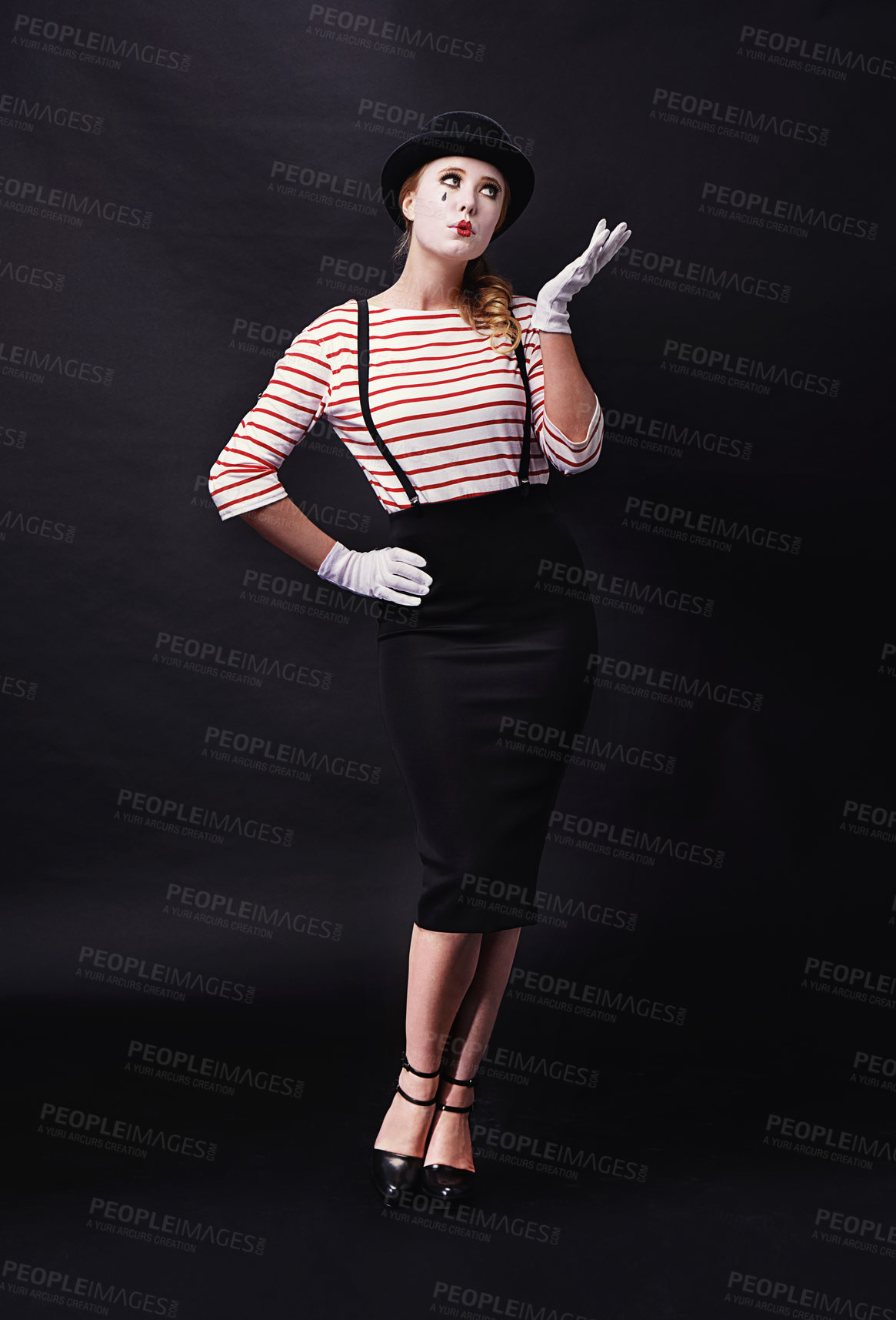 Buy stock photo Woman, costume and mime character on black background, mockup and space in studio. Actor, fashion and vintage clothing for thinking model on dark backdrop in silent, quiet and acting performance