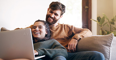 Buy stock photo Couple, credit card and laptop for online shopping with virtual wallet, booking or internet payment at home. Love, ecommerce and happy woman with partner for security information or banking on sofa