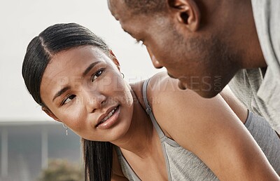 Buy stock photo Closeup shot of an athletic couple looking at each other