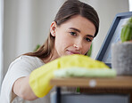 Woman, cloth and home for cleaning table with check, vision and hygiene with gloves in living room. Girl, cleaner and services with ppe, fabric and product for dust, shine and stop bacteria in house