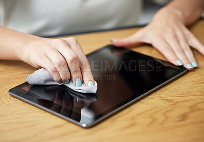 Buy stock photo Hand, wipe tablet and cloth for screen, dust and dirt with shine on glass, hygiene or disinfection in home. Woman, digital touchscreen and fabric, material or sanitation for bacteria, virus or health