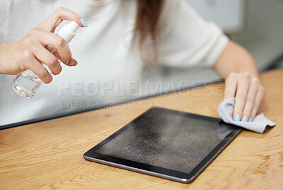 Buy stock photo Hand, spray tablet and cleaning for screen, dust and dirt with shine on glass, hygiene and cloth in home. Woman, digital touchscreen and fabric, chemical and sanitation for bacteria, virus or health